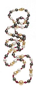 South Sea Cultured Pearl, Diamond, Ruby, Gold Necklace
