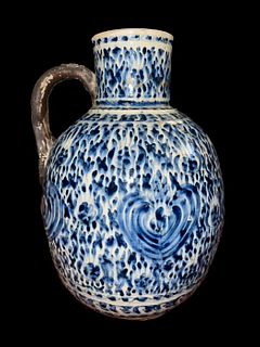 A LARGE RARE BLUE & WHITE DECORATED POTTERY JUG TURKEY, KUTHAYA OTTOMAN 18TH CENTURY