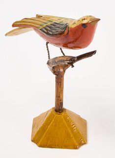 Carved Bird with Wire Legs on a Wood Branch