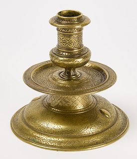 Early Brass Candle Stick with Intricate Decoration