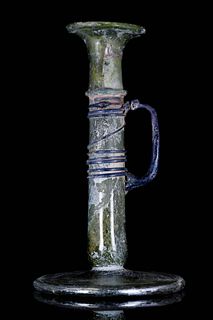 ROMAN GLASS CANDLESTICK UNGUENTARIUM WITH HANDLE