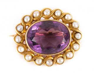 A Gold Amethyst and Pearl Brooch
