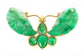 A Gold Carved Jade Butterfly Brooch