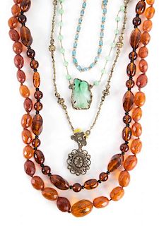 Amber Beads and Assorted Jade Necklaces