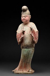 A RARE CHINESE TANG DYNASTY TERRACOTTA COURT ATTENDANT WITH TL TEST