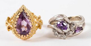 A Pair of Gold Amethyst Rings