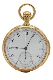18 Karat Gold Open Face Quarter Repeater Pocket Watch, having second hand, in working condition, 51.6 millimeters, 120 grams total weight.