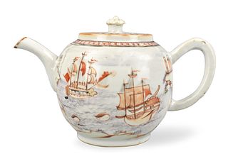 Chinese Gilt Iron Red Teapot w/ Ship, 18th C.