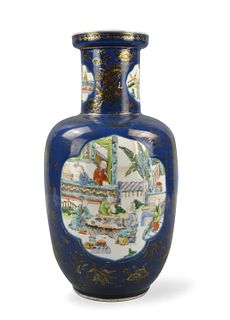Chinese Gilt Blue Canton Glaze Rouleau Vase,19th C