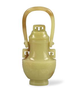 Chinese Yellow Jade Carved Covered Vase,18th C.