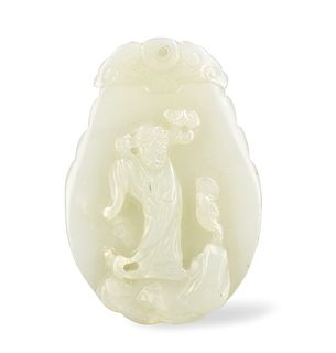 Chinese White Jade Carved Pendant w/Figure, 18th C