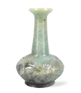 Chinese Jadeite Carved Vase w/ Peony, Qing D.
