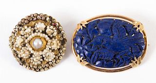 A Hand Carved Lapis Brooch and a Seed Pearl Brooch