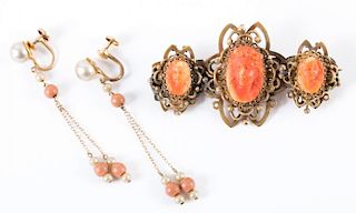 A Victorian Coral Brooch and Linear Coral Earrings