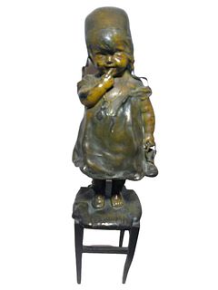 Juan Clara Polychromed Metal and Bronze Child Standing on Chair