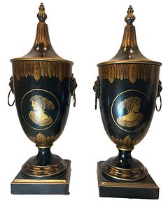 Pair 19th century English Regency Tole Lidded Vases