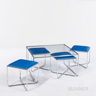 Chromed-steel and Glass Low Table with Four Stools