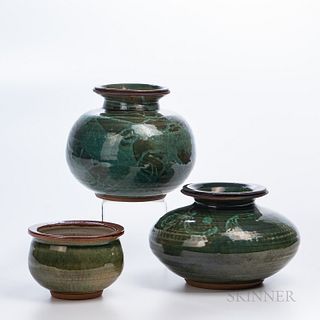 Three Gerry Williams (1926-2014) Studio Pottery Emerald-glaze Vases
