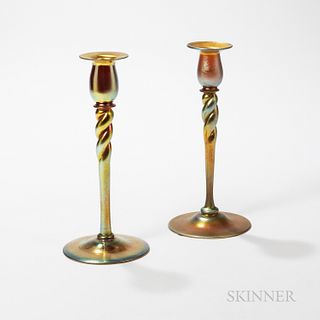 Pair of Steuben Gold Aurene Twist Candlesticks