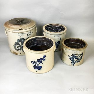 Four Floral Cobalt-decorated Stoneware Crocks