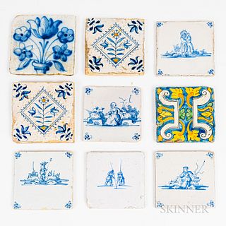 Nine Delft or Tin Glazed Tiles