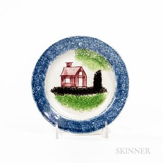 Small Blue Spatterware House Pattern Plate
