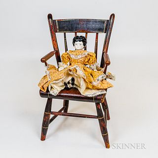 China Head Doll and a Child's Painted Thumb-back Armchair