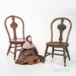 Two Doll Chairs and a Porcelain Doll