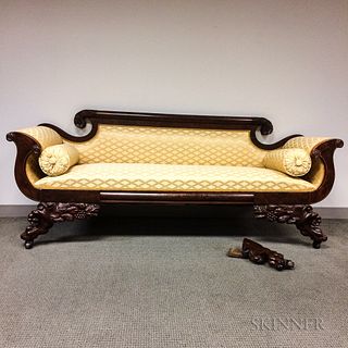 Classical Upholstered Carved Mahogany and Mahogany Veneer Sofa