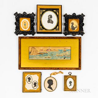 Seven Small Framed Silhouettes, Watercolor Portrait, and Ocean View