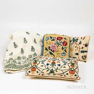 Three Early Needlework Pillows and an Early Cut-down Quilt
