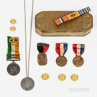 Early Brass Tobacco Box, Medals, and Buttons