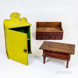 Yellow-painted Small Wall Box, Stool, and a Red-painted Box with Two Drawers