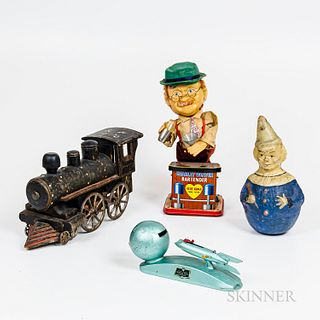 Roly Poly Toy, Rocket Bank, Charley Weaver Bartender Toy, and a Locomotive Toy