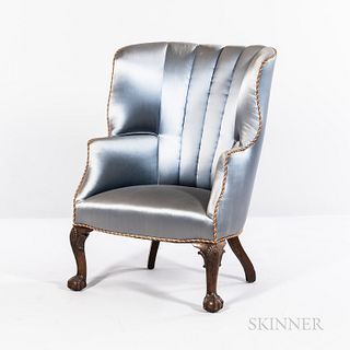 Chippendale-style Blue-silk Upholstered Mahogany Wing Chair