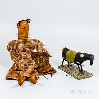 Two Folk Art Dolls and a Horse Pull Toy by Annie La Croix