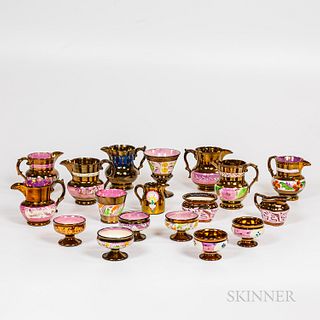 Eighteen Pieces of Pink Lustre Ceramic Tableware