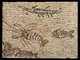 Roman mosaic from the 2nd century AD. 
Opus tessellatum. 
Measures: 40 x 54 x 3 cm.