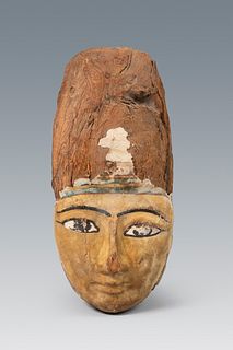 Funerary mask. Ancient Egypt, Lower Epoch, 664-323 B.C. 
Wood and pigments. 
Provenance: private collection in Bordeaux, France. 
In good state of pre