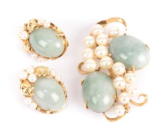 A Jade & Pearl Brooch with Jade Ear Clips