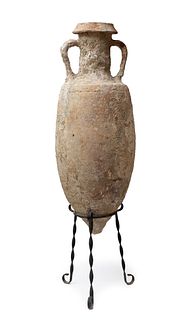 Roman amphora, 2nd century AD. 
Terracotta. 
With iron support. 
Measures: 85 cm (height) x 30 cm (diameter).