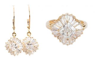 A CZ Ring and Ear Pendants in 14K Gold