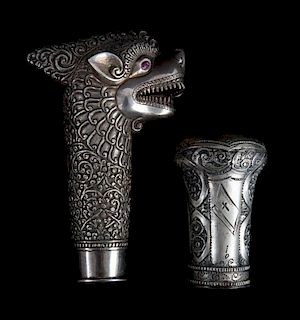 Two silver cane handles