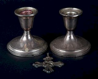 Pair of sterling candlesticks & a Christmas cross