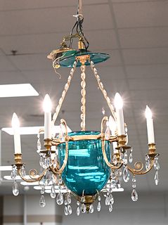 Gilt Bronze and Turquoise Glass Chandelier, having turquoise plate top over crystal mounted supports with turquoise bowl, surrounded by six bird head 