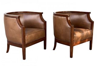 Pair of Barrel Back Chairs In Leather & Mahogany Frames