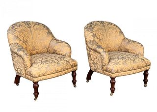 Pair of Vintage Armchairs on Casters & Silk Upholstery
