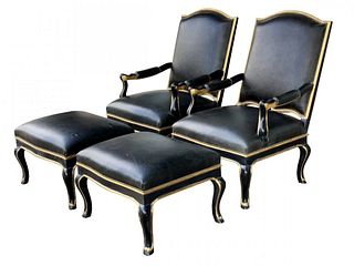 Pair of black leather armchairs and ottomans, ca 1960