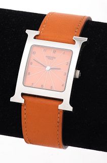 HERMES Paris "H" Stainless Steel Leather Watch