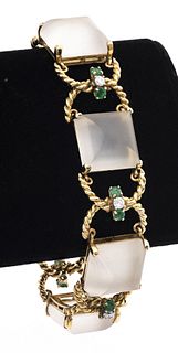 18K Gold Rock Quartz, Emerald & Diamond Bracelet